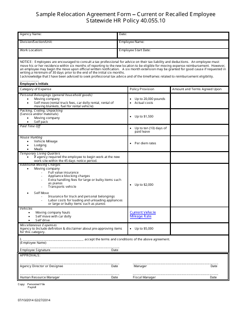 Relocation Agreement Form - Current or Recalled Employee Statewide HR Policy 40.055.10 - Sample - Oregon