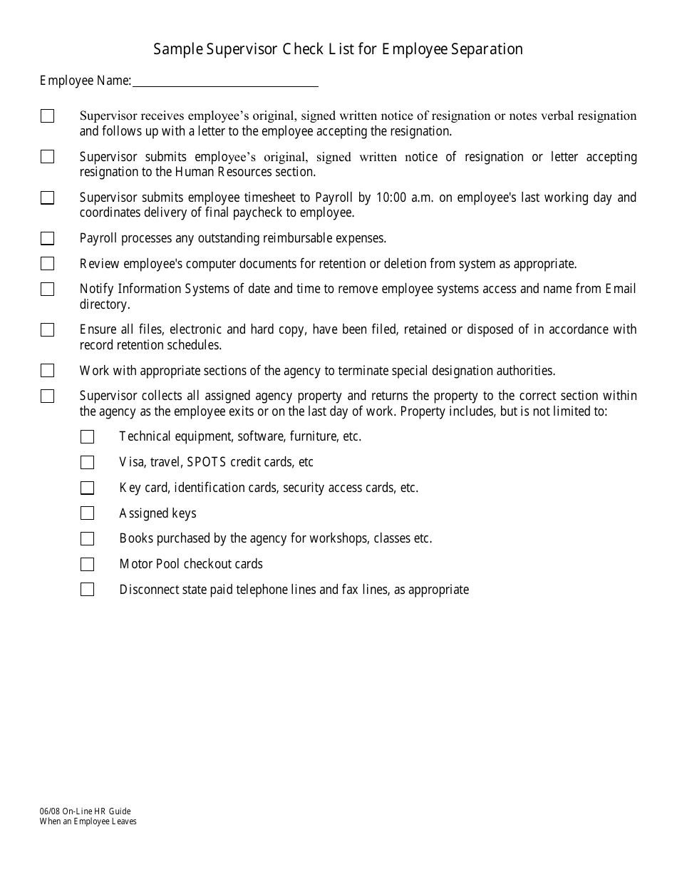 Oregon Supervisor Check List for Employee Separation Sample Fill