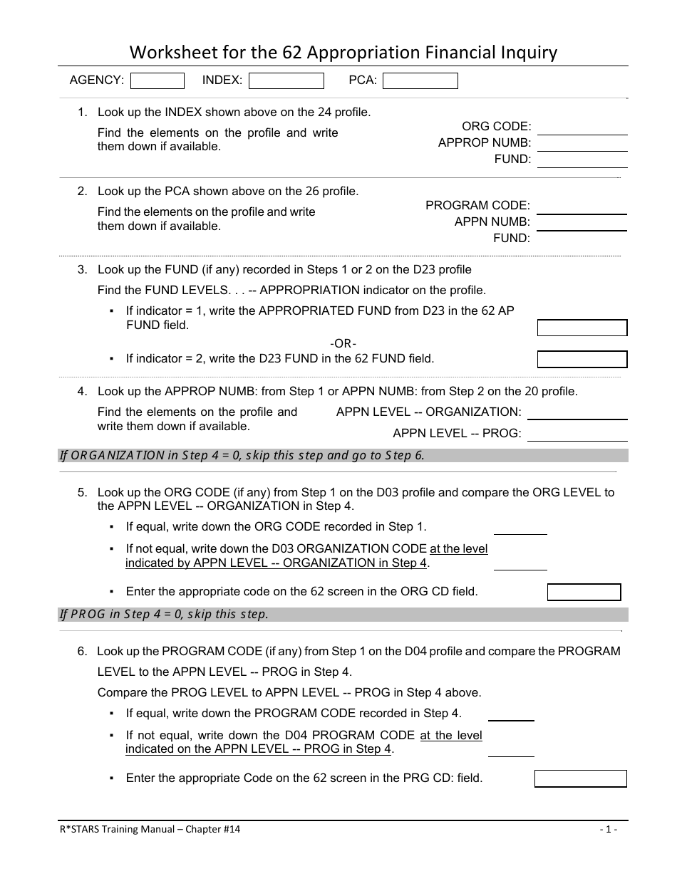 Worksheet for the 62 Appropriation Financial Inquiry - Oregon, Page 1
