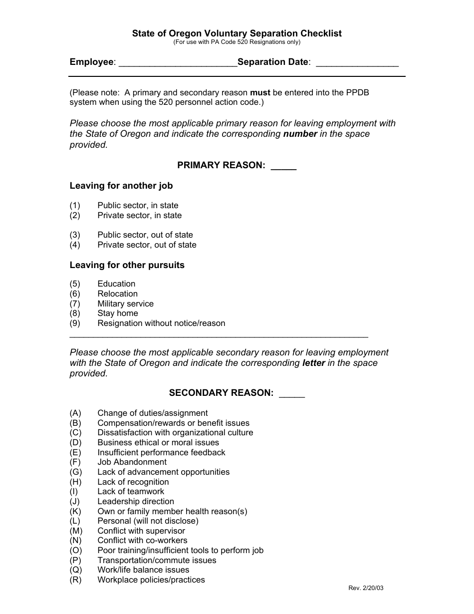 Oregon Voluntary Separation Checklist Download Printable Pdf | Templateroller