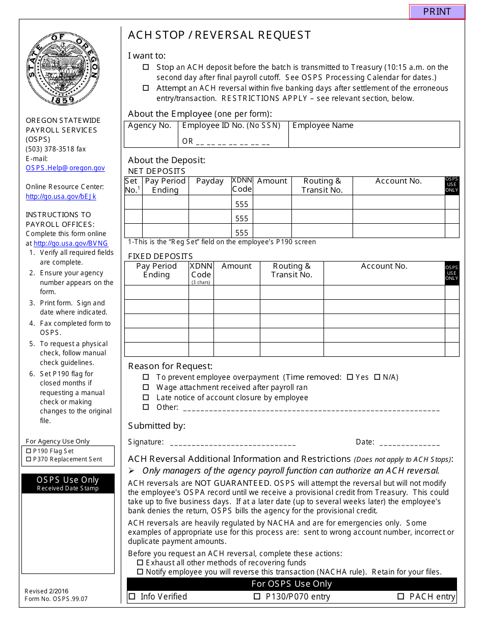 Form OSPS.99.07 ACH Stop / Reversal Request - Oregon, Page 1