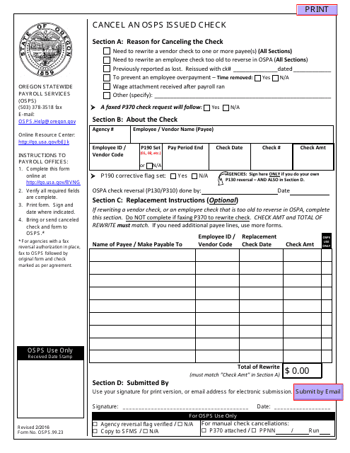 Form OSPS.99.23 Cancel an Osps Issued Check - Oregon