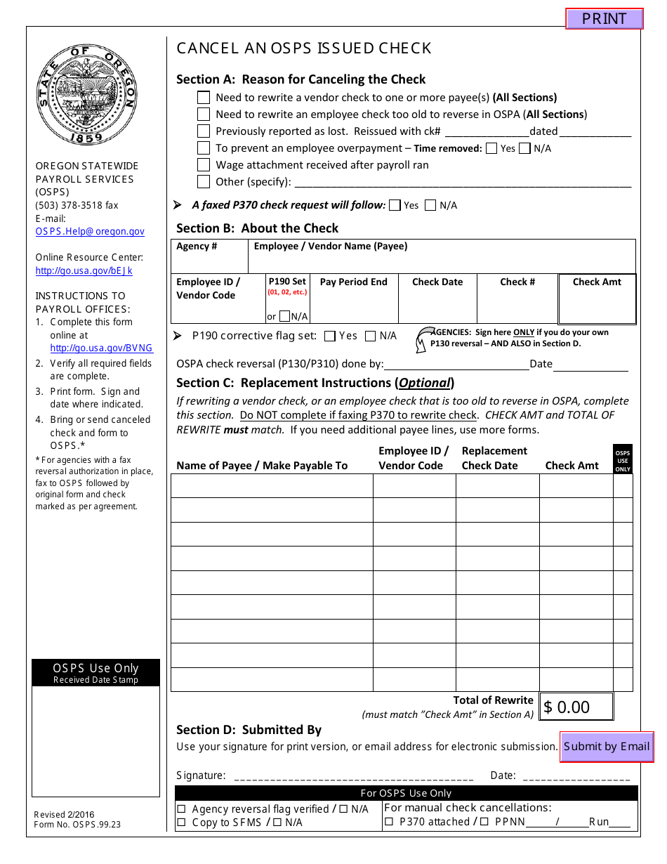 Form OSPS.99.23 Cancel an Osps Issued Check - Oregon, Page 1