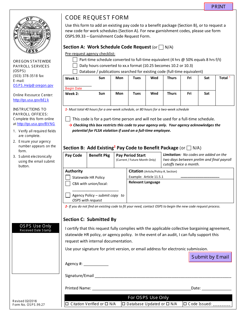 Form OSPS.99.27 Code Request Form - Oregon, Page 1