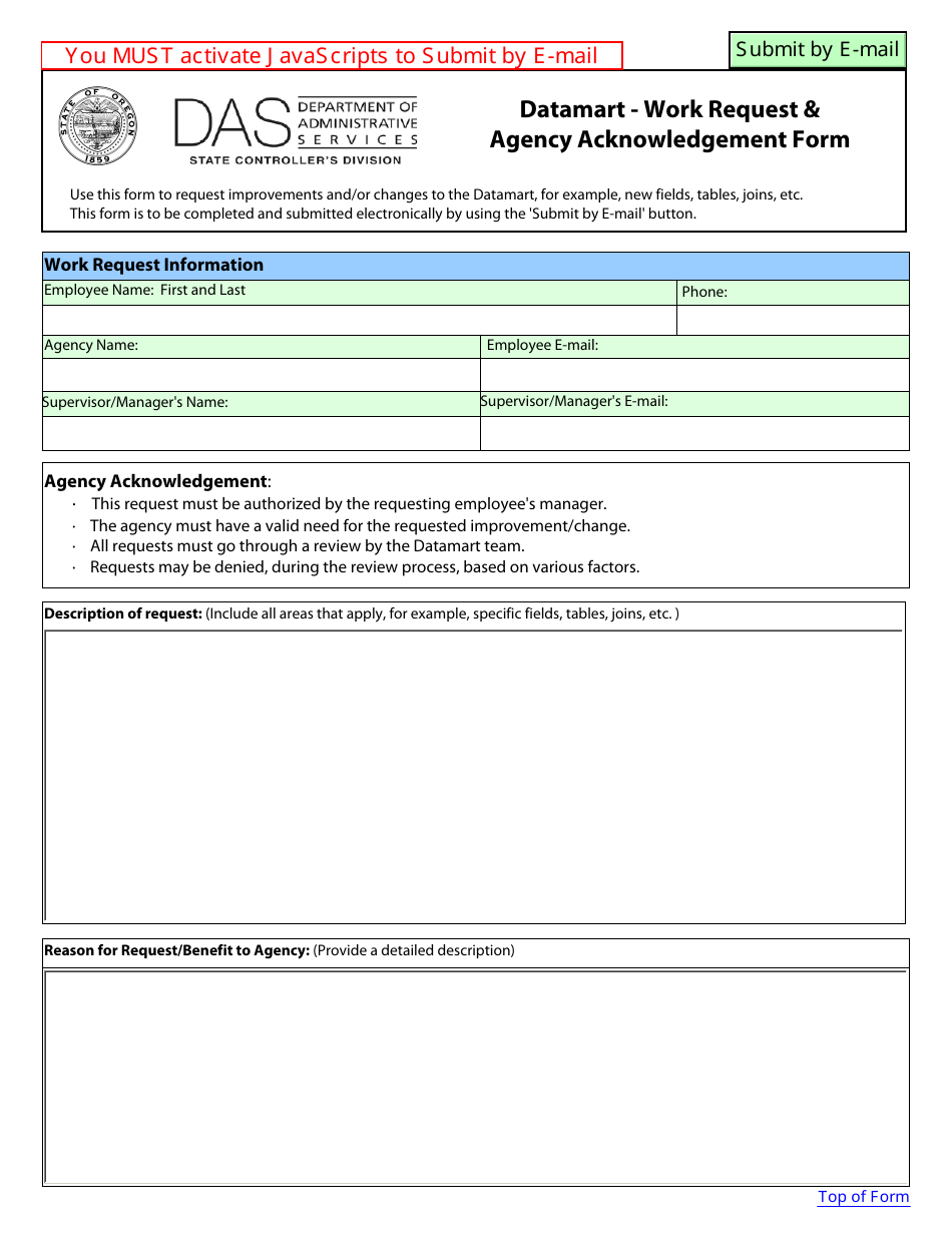 Work Request  Agency Acknowledgement Form - Datamart - Oregon, Page 1