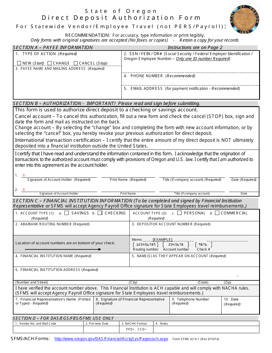 Form SFMS ACH-1 Direct Deposit Authorization Form - Oregon, Page 1