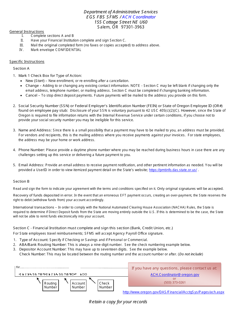 Form SFMS ACH-1 Direct Deposit Authorization Form - Oregon, Page 2