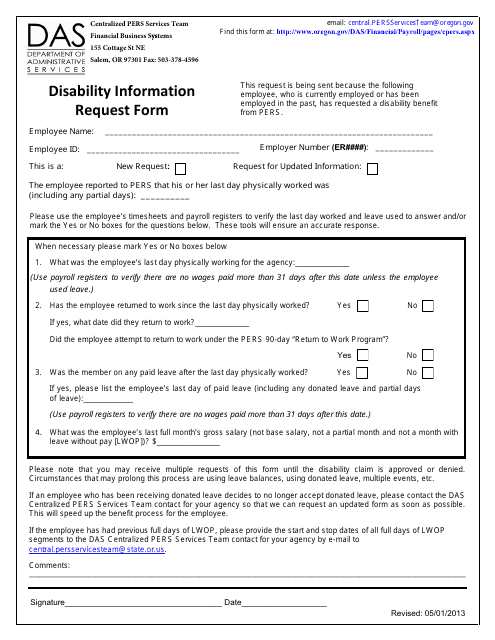 Disability Information Request Form - Oregon Download Pdf