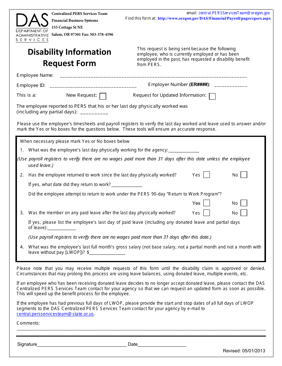 Disability Information Request Form - Oregon, Page 1