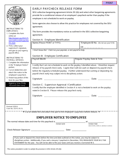 Form OSPS.99.16 Early Paycheck Release Form - Oregon