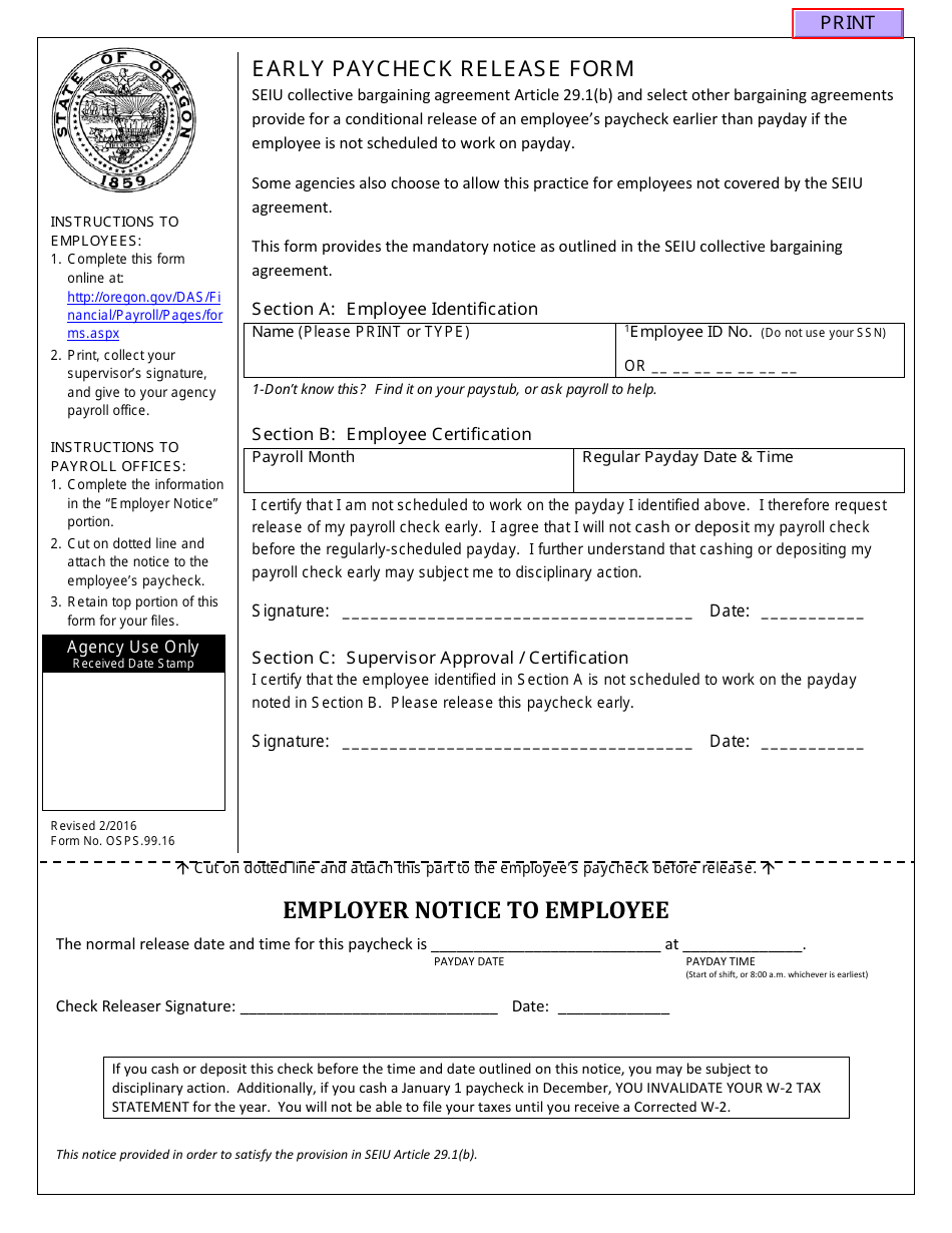 Form OSPS.99.16 Early Paycheck Release Form - Oregon, Page 1