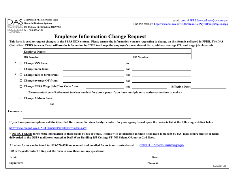 Employee Information Change Request Form - Oregon