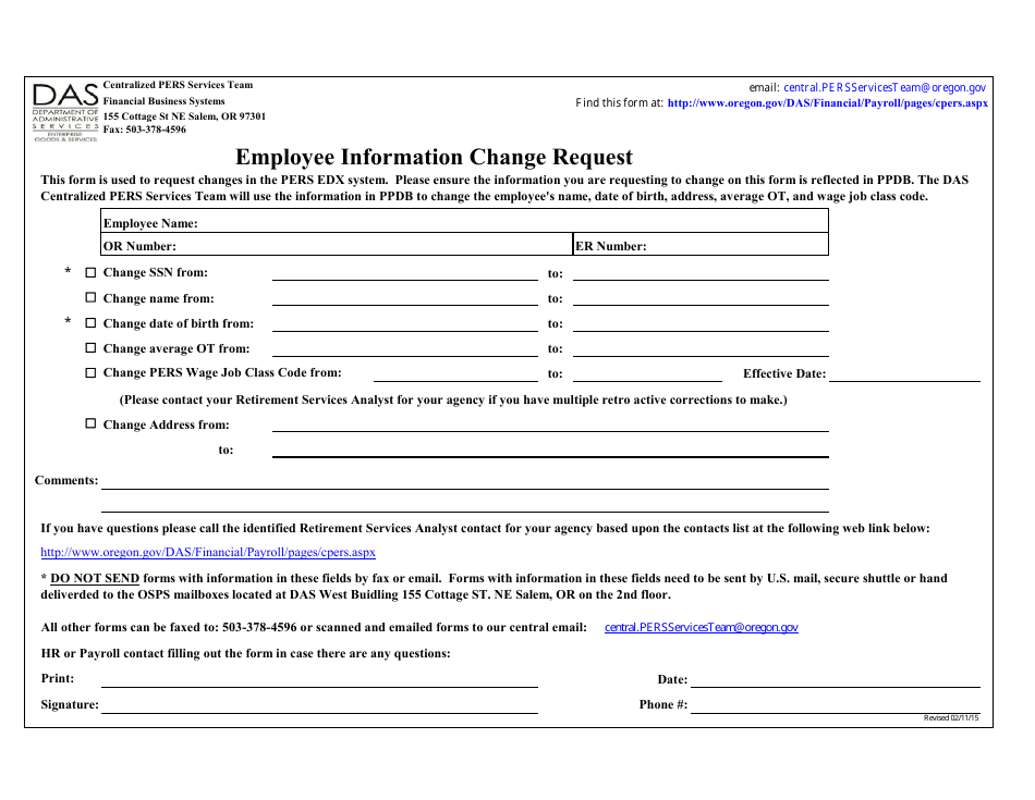 Employee Information Change Request Form - Oregon, Page 1