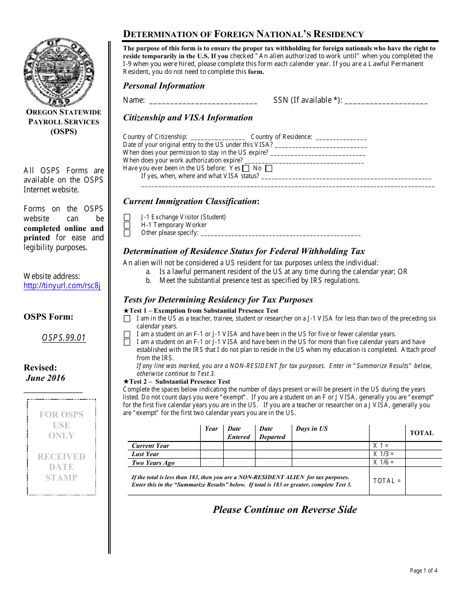 Form OSPS.99.01 Determination of Foreign Nationals Residency - Oregon, Page 1