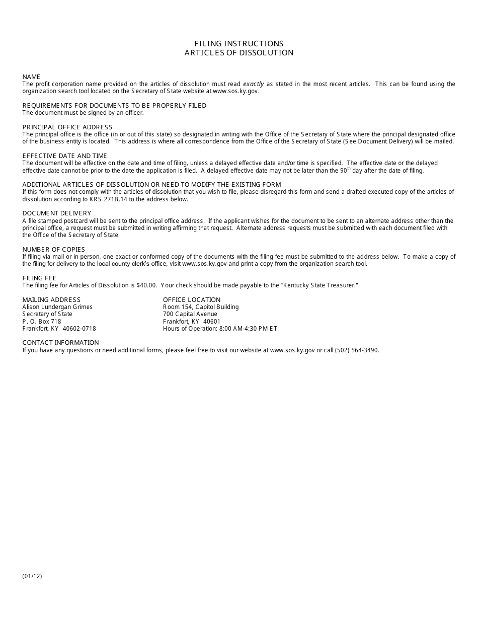 Form IPD Articles of Dissolution - Profit Corporation - Kentucky, Page 2