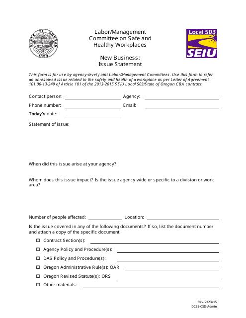 Issue Statement Form - New Business - Oregon