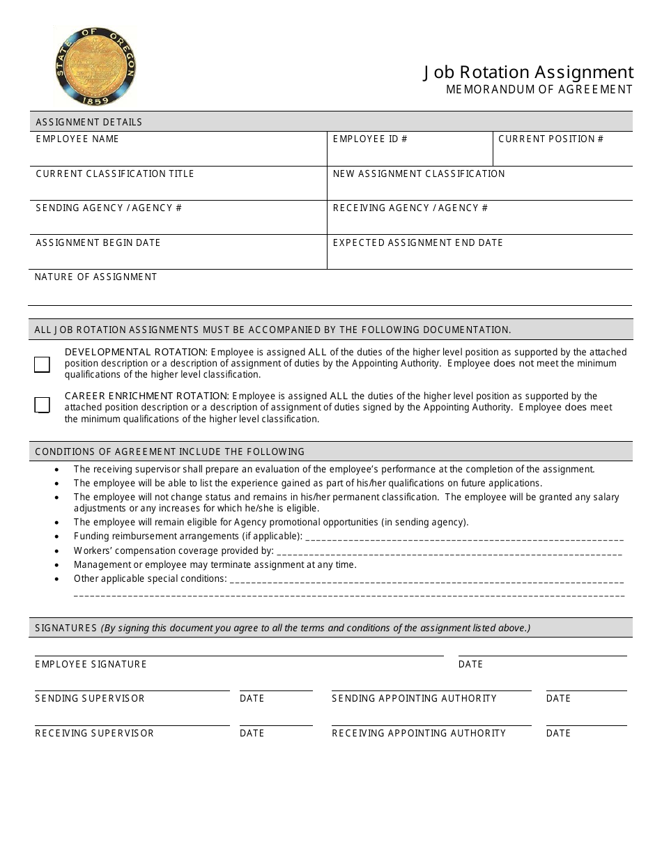 Job Rotation Assignment Form - Oregon, Page 1