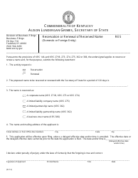 Document preview: Form RES Reservation or Renewal of Reserved Name (Domestic or Foreign Entity) - Kentucky