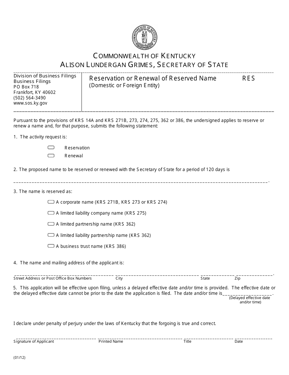 Form RES Reservation or Renewal of Reserved Name (Domestic or Foreign Entity) - Kentucky, Page 1