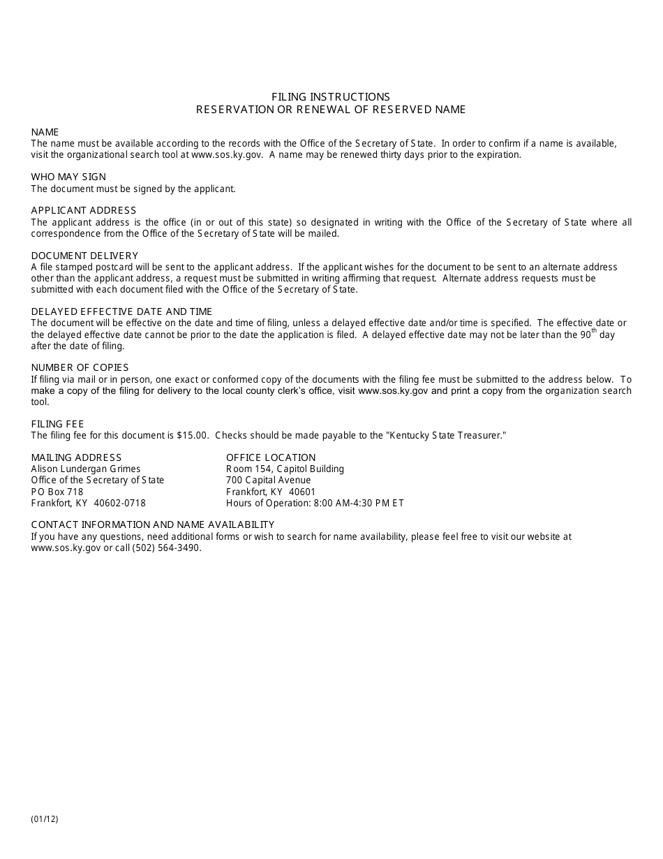 Form RES Reservation or Renewal of Reserved Name (Domestic or Foreign Entity) - Kentucky, Page 2