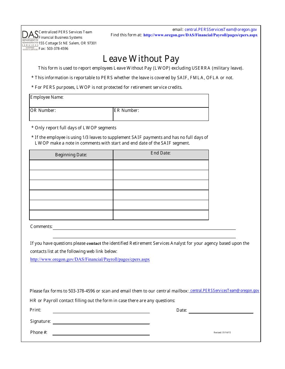 Oregon Leave Without Pay Fill Out, Sign Online and Download PDF