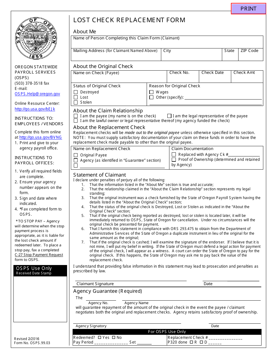 Form OSPS.99.03 Lost Check Replacement Form - Oregon, Page 1