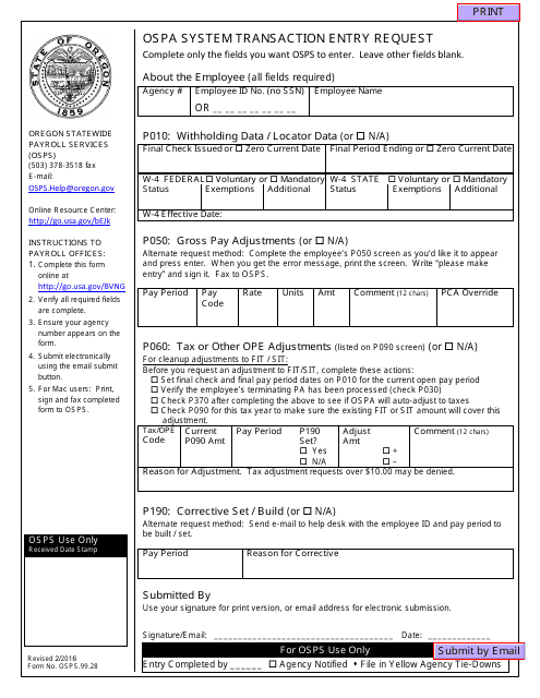 Form OSPS.99.28 Ospa System Transaction Entry Request - Oregon