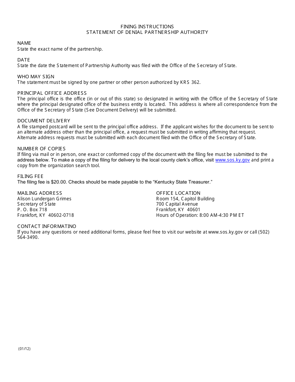 Form SOD Statement of Denial (Domestic or Foreign Partnership) - Kentucky, Page 2