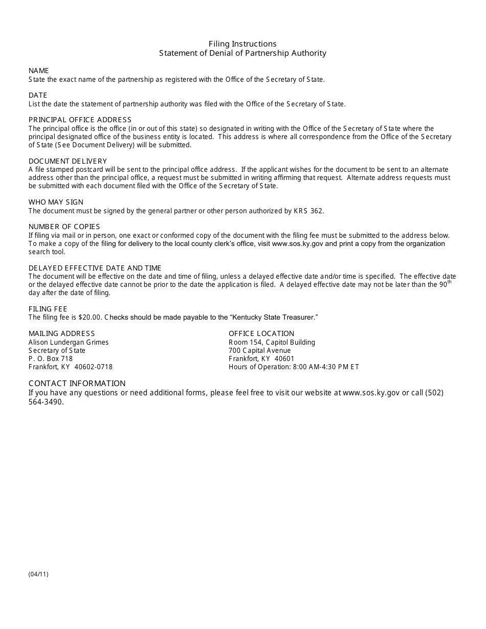 Form SDS Statement of Dissociation (Domestic or Foreign Partnership) - Kentucky, Page 2