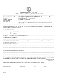 Form KLL Statement of Registration or Renewal of Limited Liability Partnership (Domestic Partnership) - Kentucky