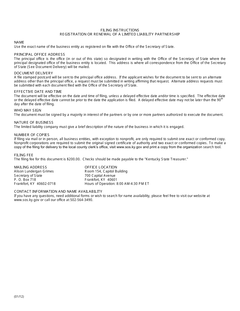 Form KLL Statement of Registration or Renewal of Limited Liability Partnership (Domestic Partnership) - Kentucky, Page 2