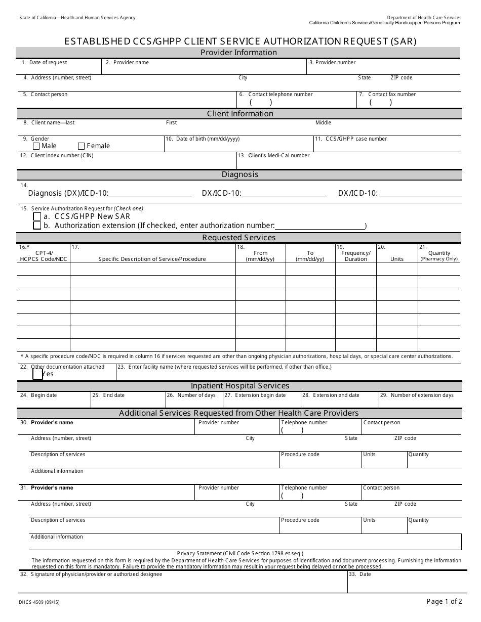 Form DHCS4509 Established Ccs / Ghpp Client Service Authorization Request (Sar) - California, Page 1
