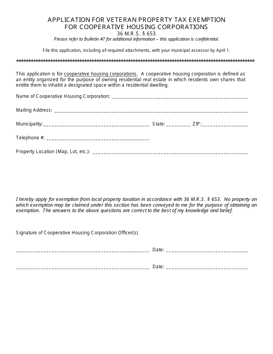 Form PTF653-2C Application for Veteran Property Tax Exemption for Cooperative Housing Corporations - Maine, Page 1