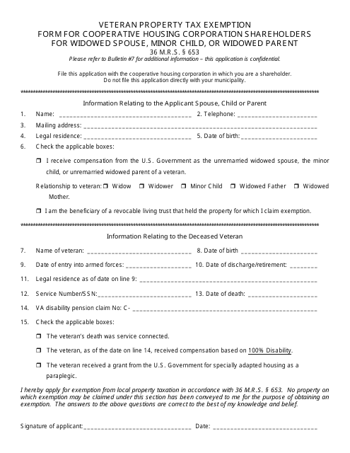 Form PTF-653-2B Veteran Property Tax Exemption Form for Cooperative Housing Corporation Shareholders for Widowed Spouse, Minor Child, or Widowed Parent - Maine
