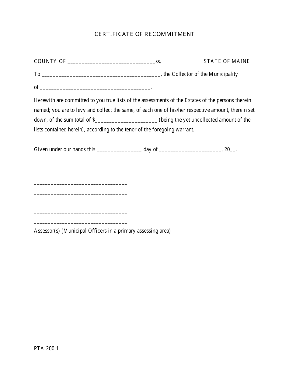 Form PTA200.1 Certificate of Recommitment - Maine, Page 1