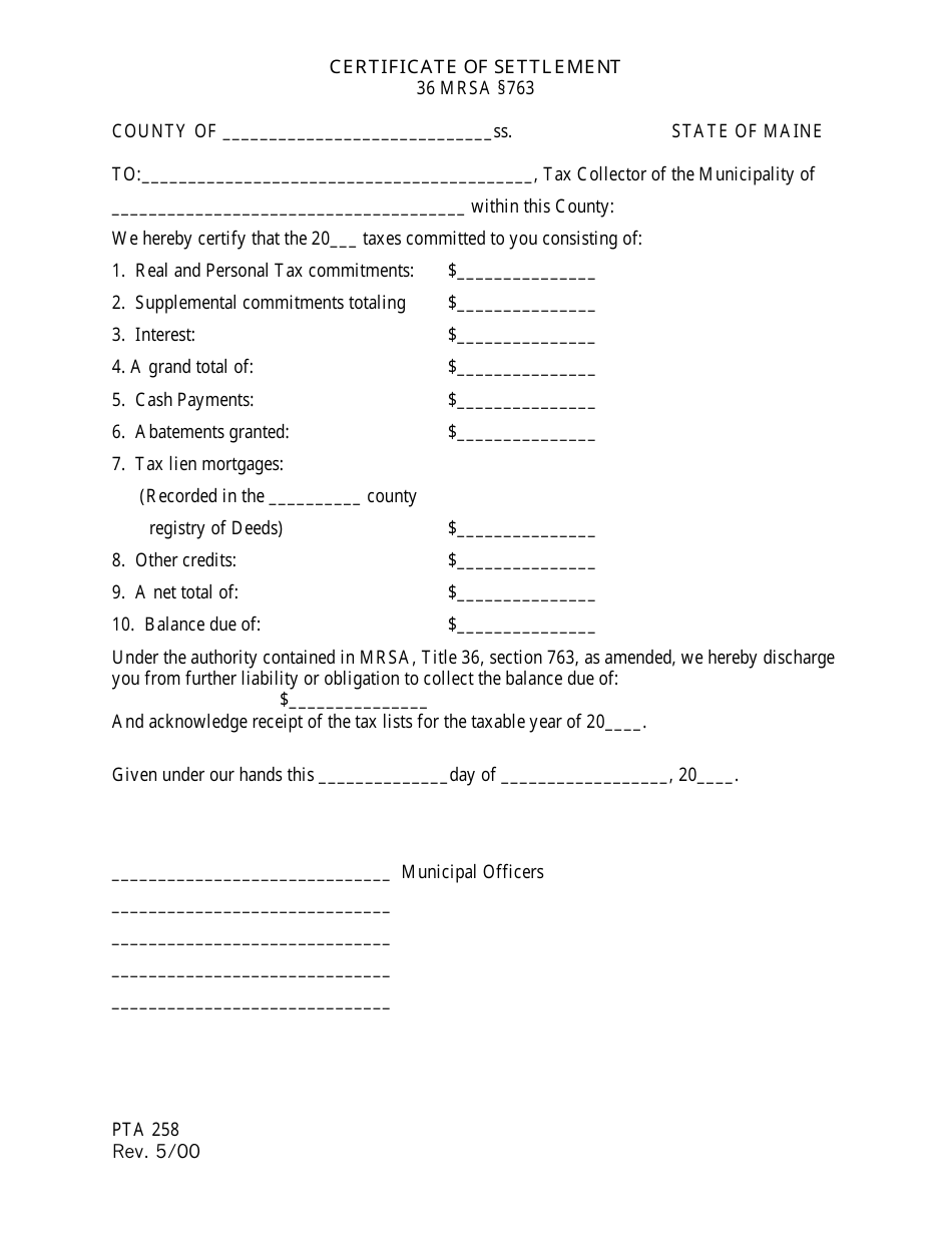 Form PTA258 Certificate of Settlement - Maine, Page 1