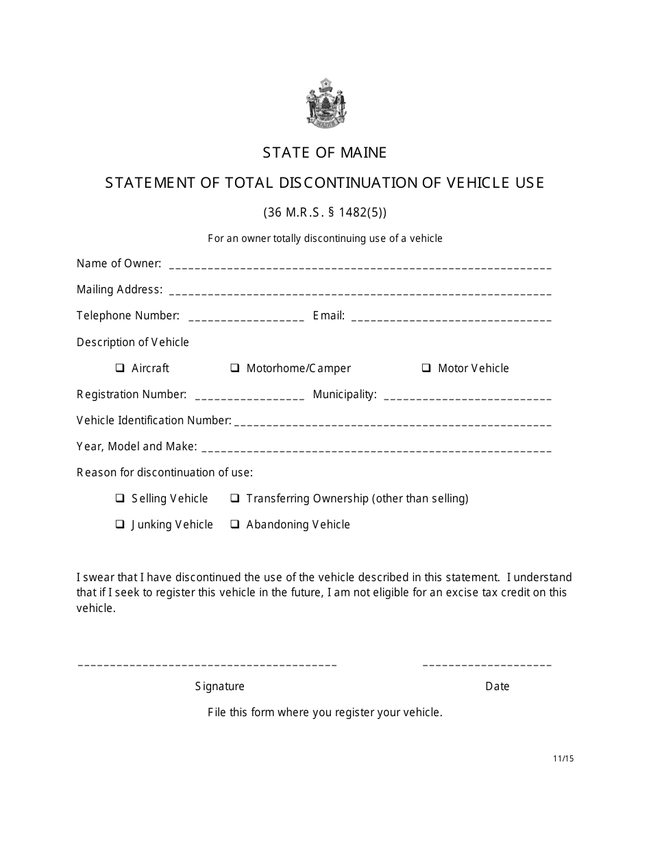 Statement of Total Discontinuation of Vehicle Use - Maine, Page 1