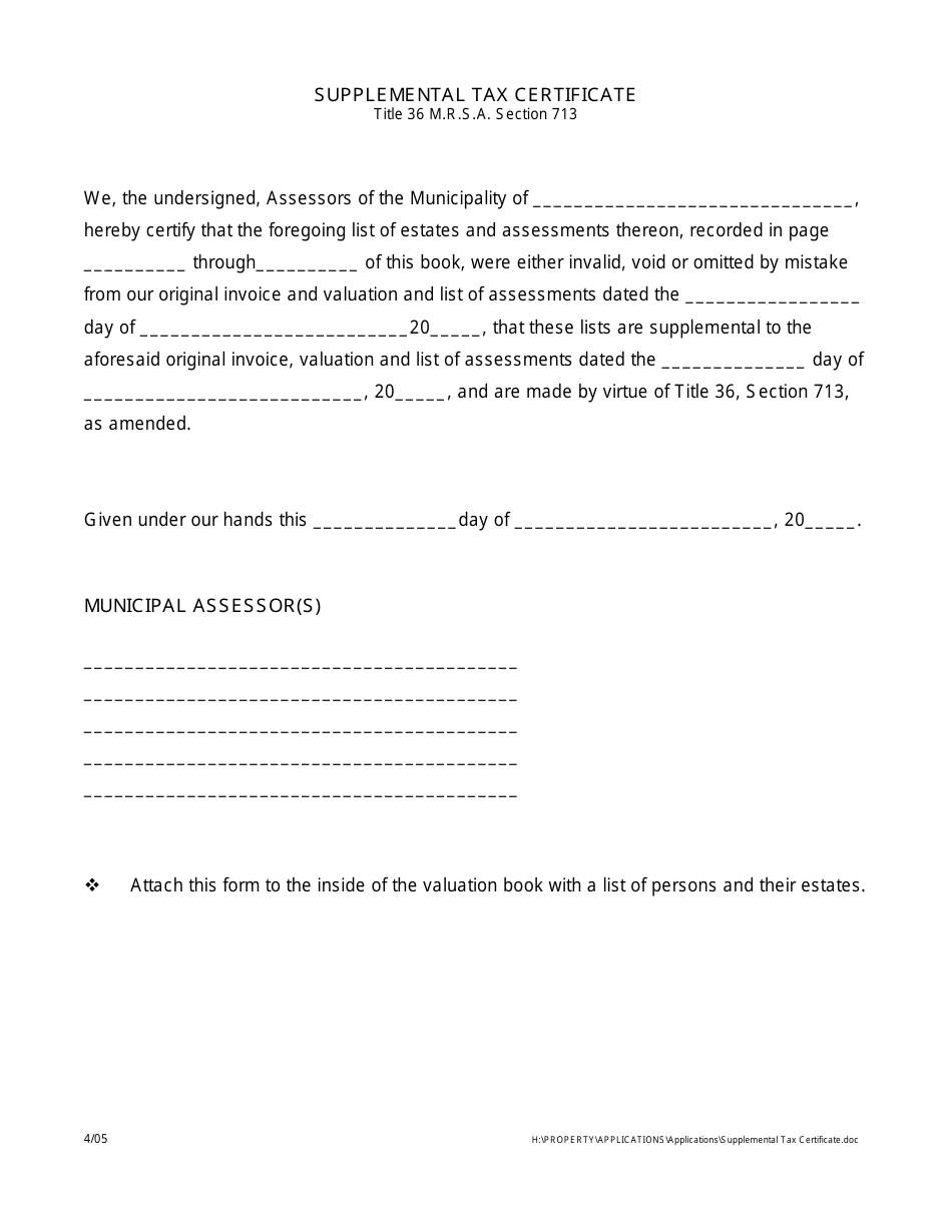 Supplemental Tax Certificate Form - Maine, Page 1