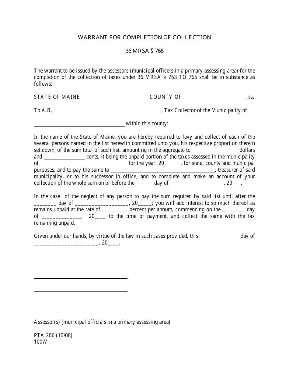 Form PTA206 Warrant for Completion of Collection - Maine, Page 1