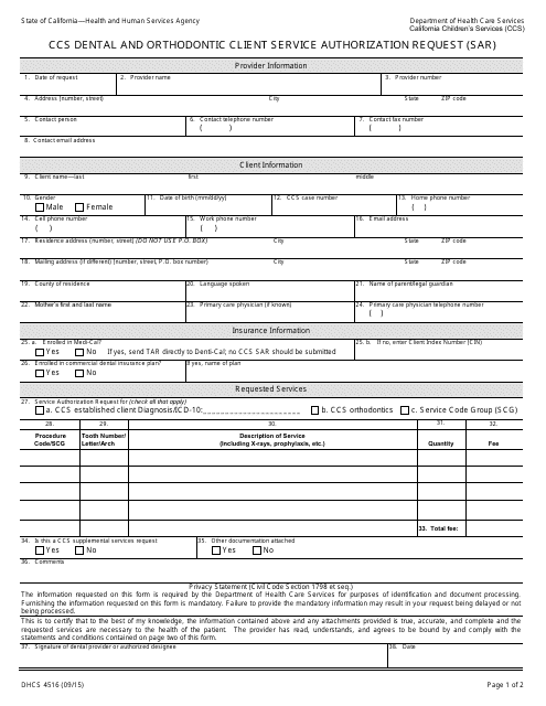 Form DHCS4516 Ccs Dental and Orthodontic Client Service Authorization Request (Sar) - California