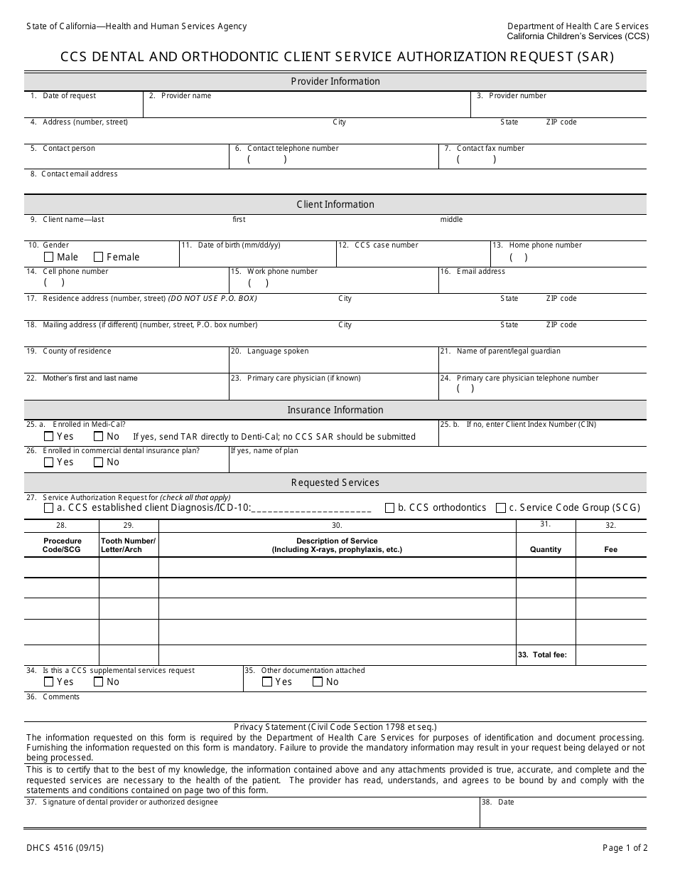 Form DHCS4516 Ccs Dental and Orthodontic Client Service Authorization Request (Sar) - California, Page 1