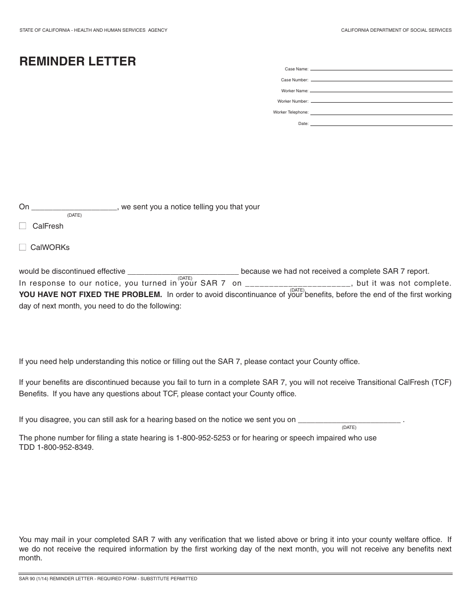 Form SAR90 Reminder Letter - California, Page 1