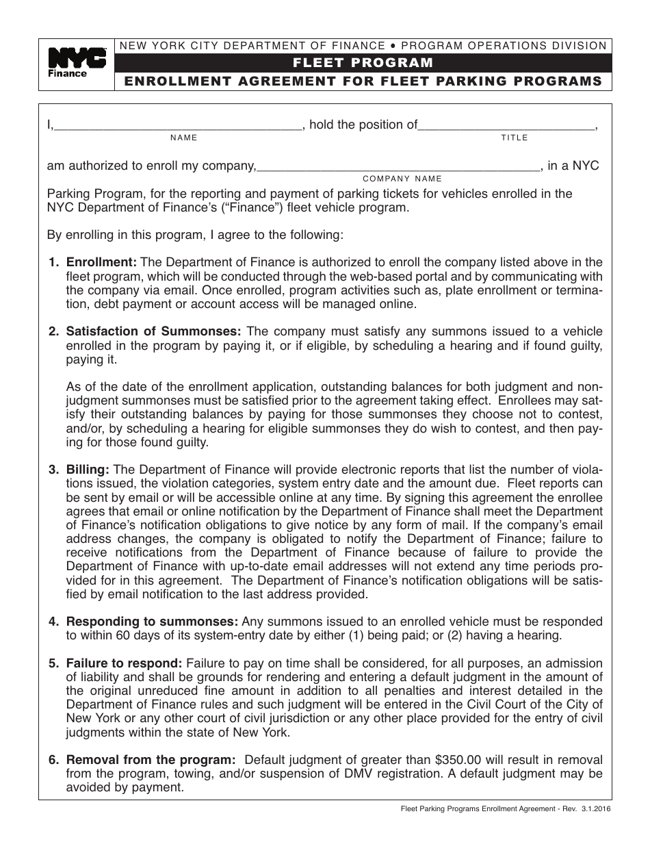 Fleet Parking Programs Enrollment Agreement Form - New York City, Page 1
