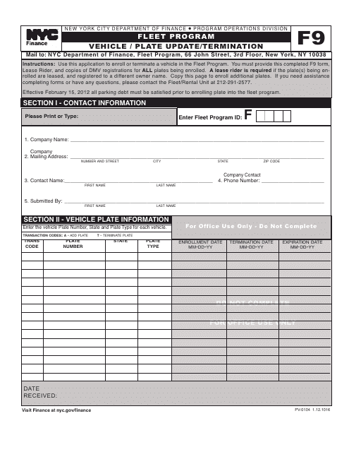 Form PV-0104 (F9) Vehicle/Plate Update/Termination - New York City