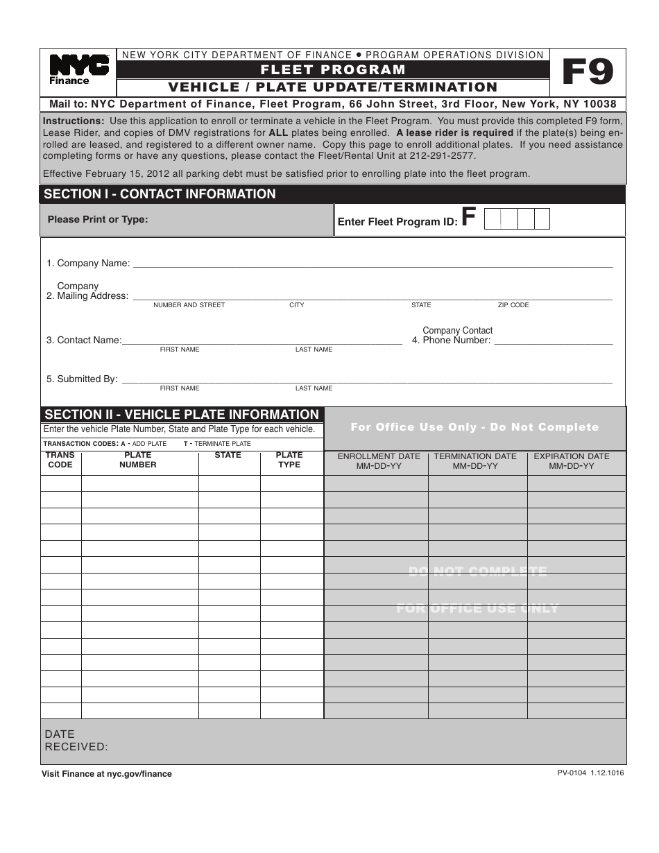 Form PV-0104 (F9) Vehicle / Plate Update / Termination - New York City, Page 1