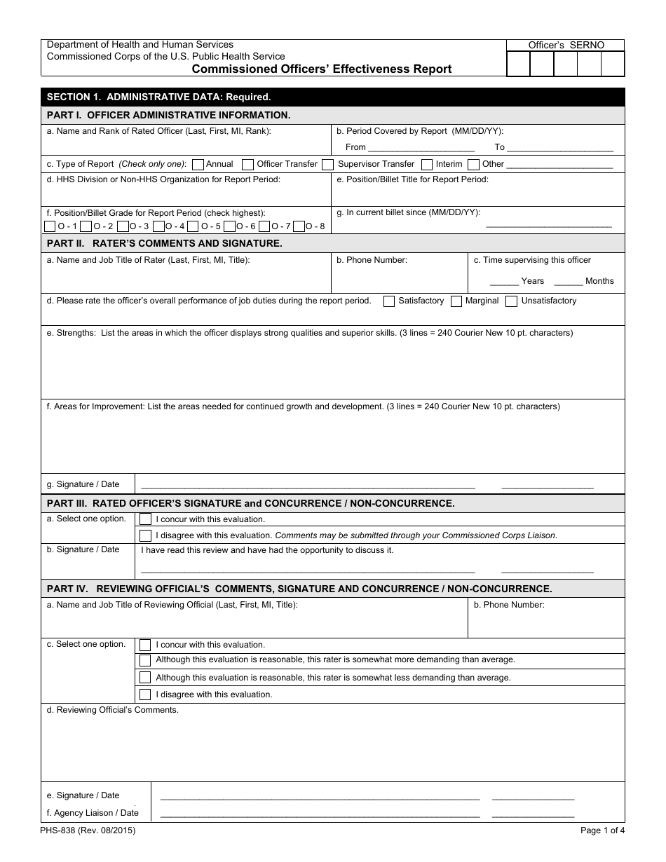 Form PHS-838 Commissioned Officers Effectiveness Report, Page 1