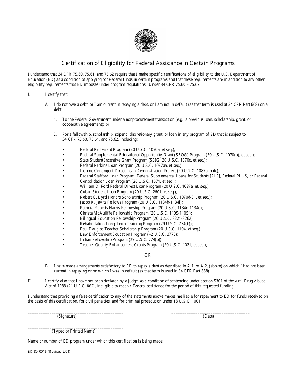 Form ED80-0016 Certification of Eligibility for Federal Assistance in Certain Programs, Page 1