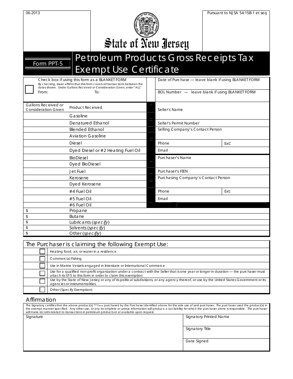 Form PPT-5 Petroleum Products Gross Receipts Tax Exempt Use Certificate - New Jersey, Page 1