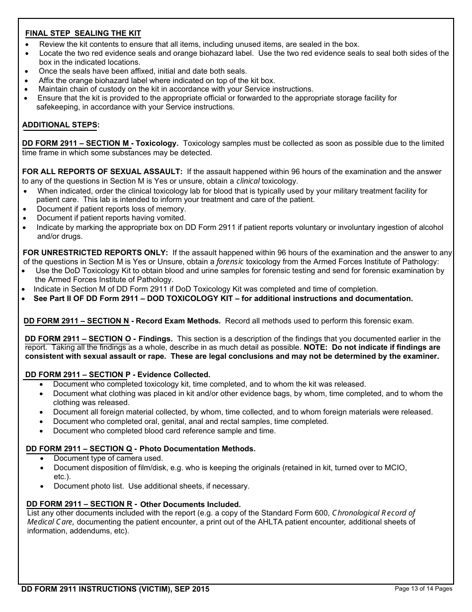 Download Instructions for DD Form 2911 DoD Sexual Assault Forensic ...