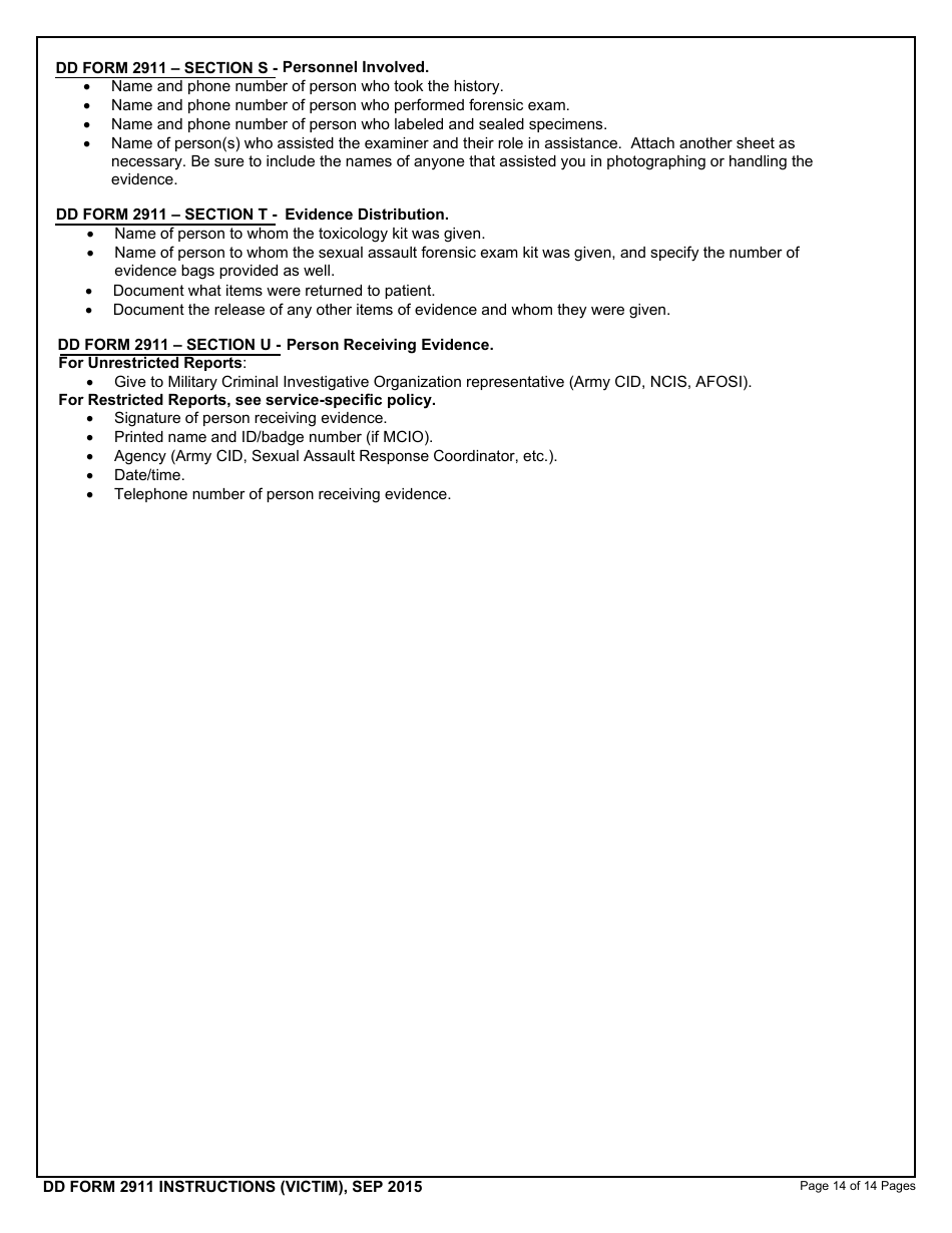 Instructions for DD Form 2911 DoD Sexual Assault Forensic Examination (Safe) Report - Victim, Page 14
